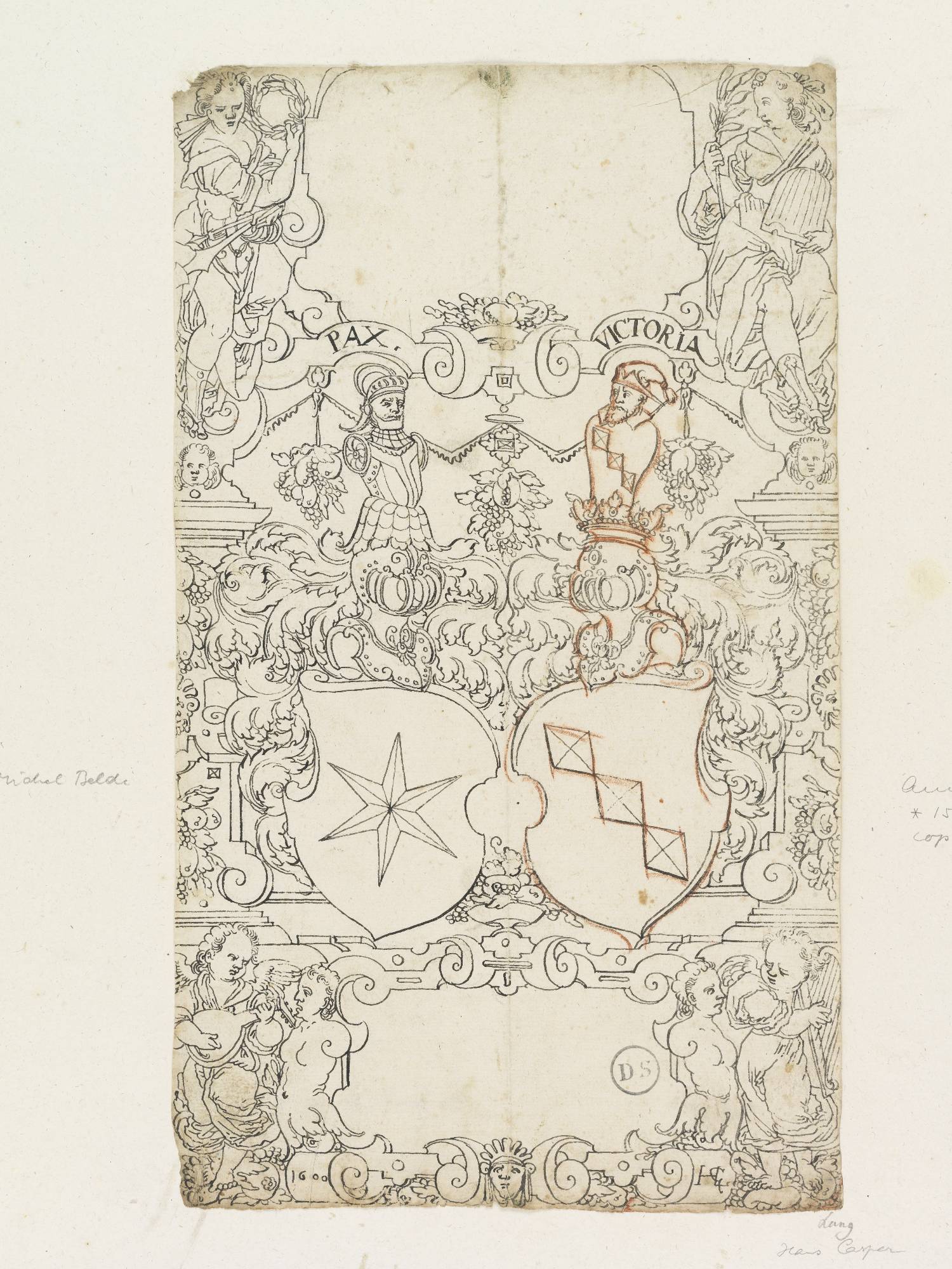 Riss für Allianzwappenscheibe Michel Bäldi (Beldi) und Anna Peyer mit den Wecken (geb.1565), mit Personifikationen Pax und Victoria